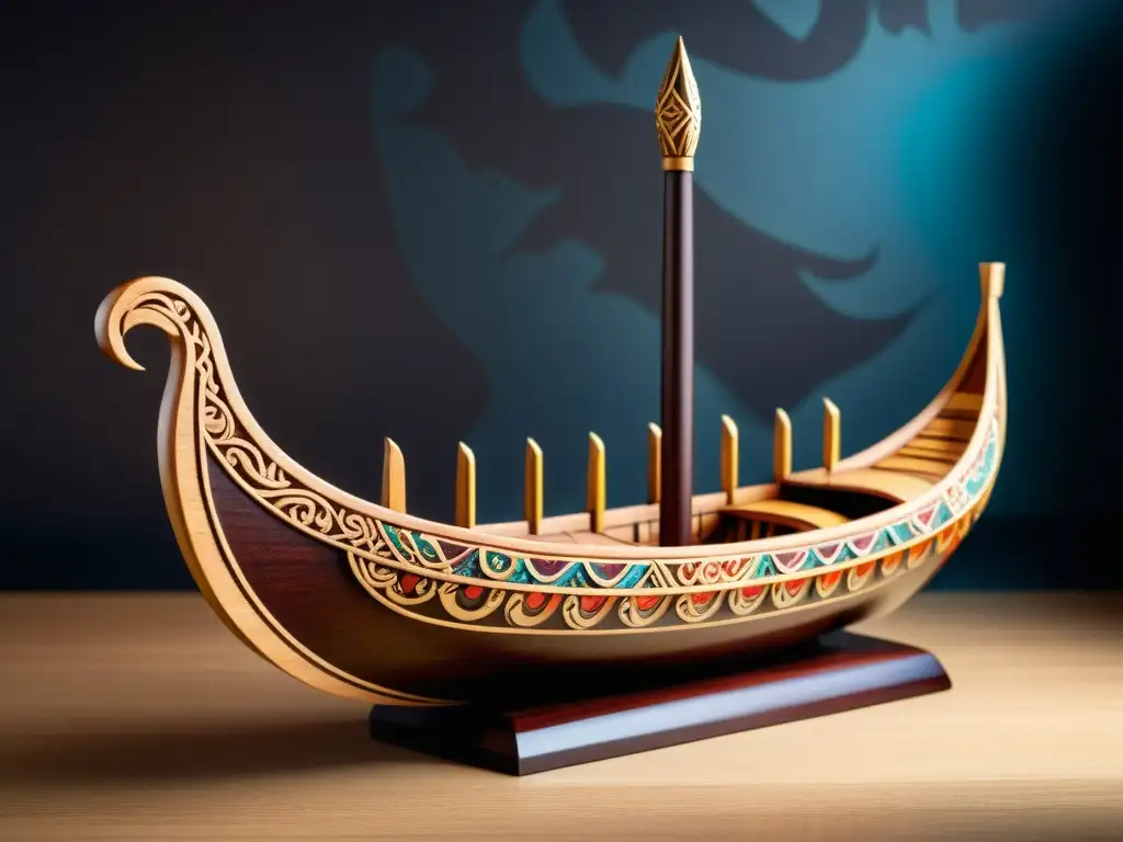 Una figura única de barco vikingo tallada a mano, con dragones detallados y pinturas de la mitología nórdica, destacada por su elegante artesanía