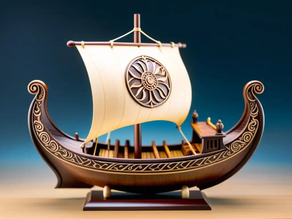 Figuras de barcos vikingos coleccionables: Detallada imagen 8k de un barco vikingo en miniatura, tallado a mano con escudos, motivos de dragón y vistosos detalles en la vela