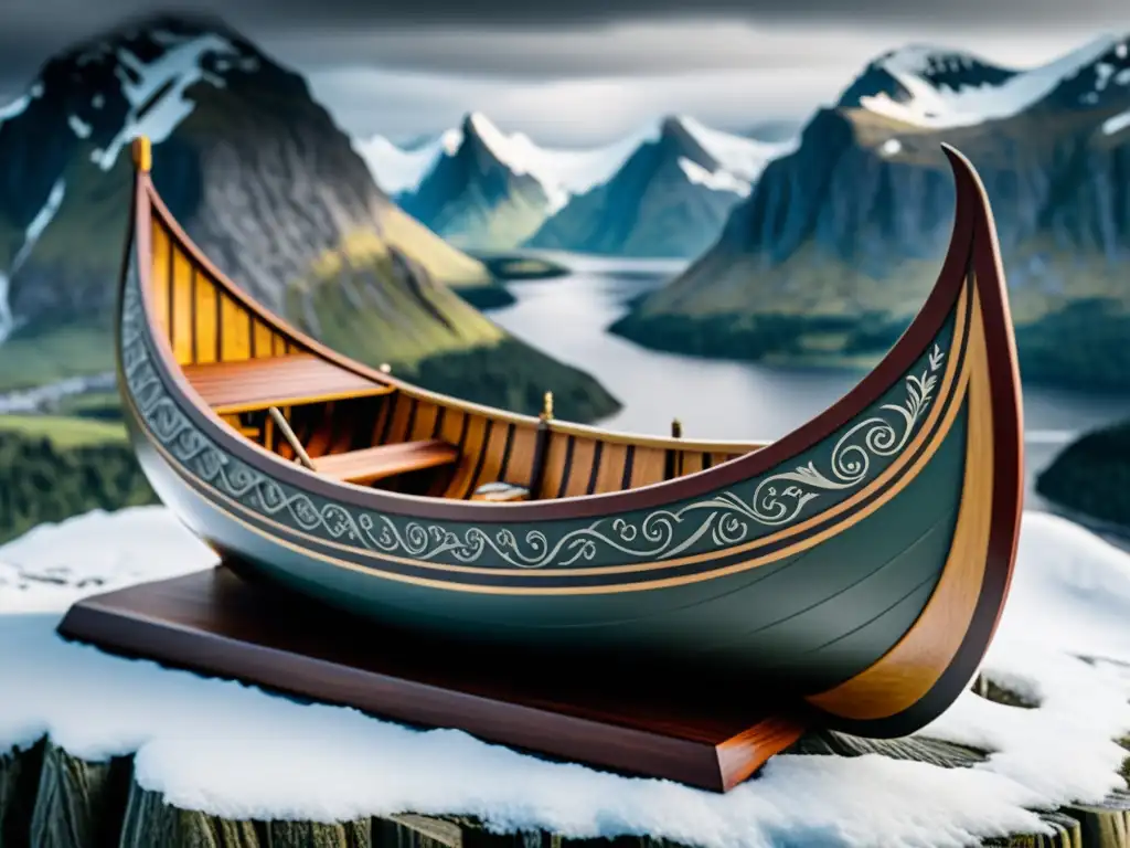 Figuras de barcos vikingos coleccionables: Miniatura detallada de un drakkar vikingo en paisaje nórdico nevado, evocando aventura y exploración