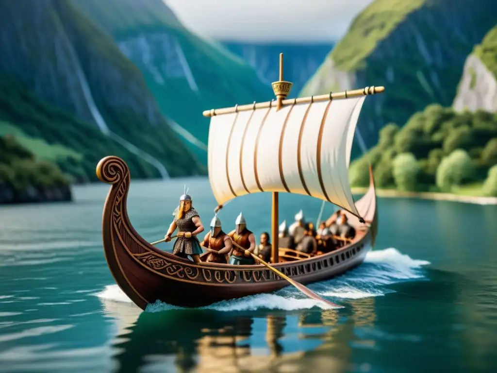 Figuras barcos vikingos miniatura: Detallada réplica de un barco vikingo en un impresionante fiordo, con guerreros remando con determinación