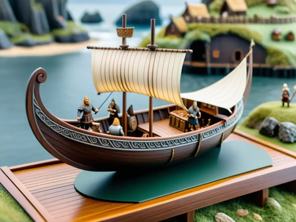 Figuras barcos vikingos miniatura en detallada maqueta: barco, aldeas, costa; captura la esencia de la cultura marítima vikinga