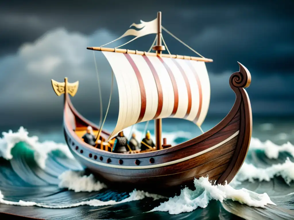 Figuras barcos vikingos miniatura: Detallado mini drakkar con escudo y mar tempestuoso