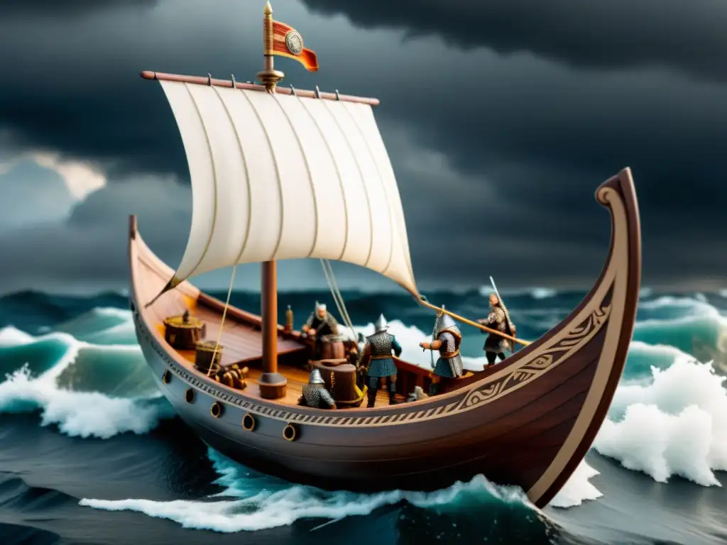 Figuras barcos vikingos miniatura: Escena detallada de un barco vikingo en miniatura con figuras y escenario épico