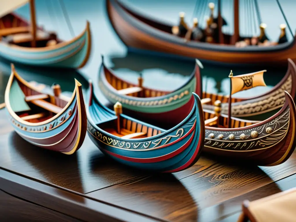 Figuras barcos vikingos miniatura en detallada imagen 8k de longships pintados a mano rodeados de figurillas de guerreros vikingos en poses dinámicas