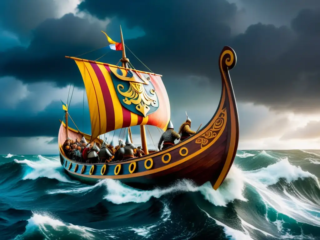 Figuras centrales en un mitológico festival vikingo, navegando en un majestuoso drakkar por mares turbulentos y cielos tormentosos