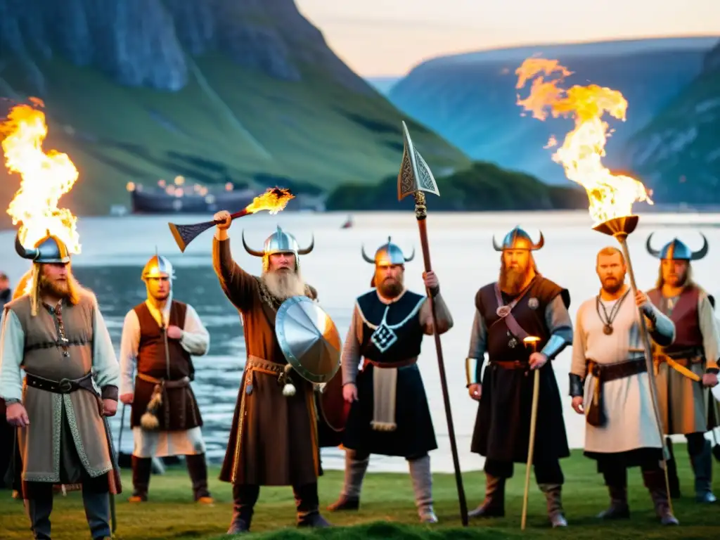 Figuras centrales en ritual vikingo frente al fiordo con antorchas encendidas