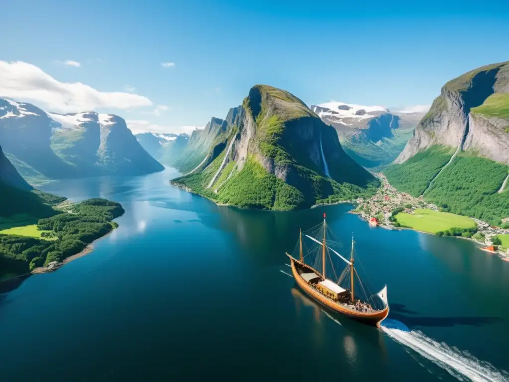 Un fiordo noruego majestuoso con acantilados verdes y un barco vikingo