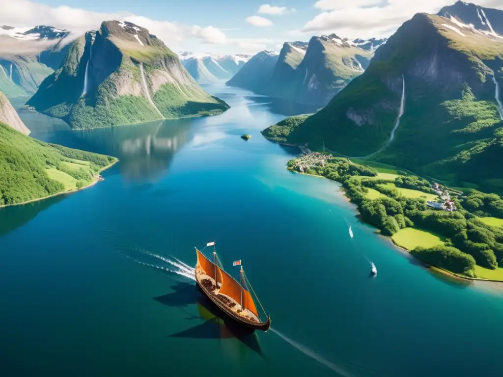 Un fiordo noruego rodeado de montañas verdes, cielo azul y un barco vikingo navegando