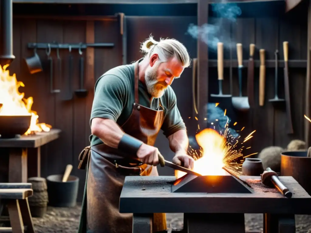 Forja artesanal de piezas vikingas: Un herrero experto forja una pieza vikinga en una fragua tradicional, rodeado de herramientas, llamas y chispas