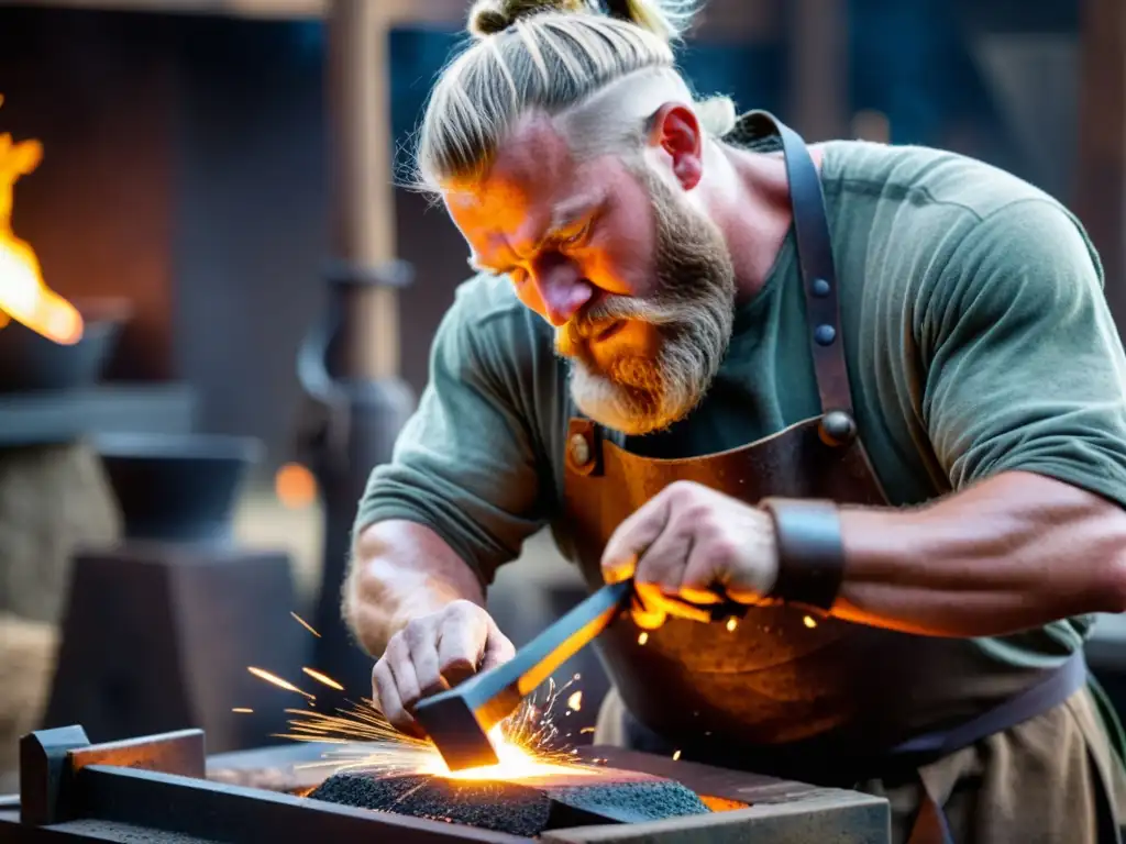 Un forjador vikingo crea piezas con destreza artesanal rodeado de chispas y dedicación