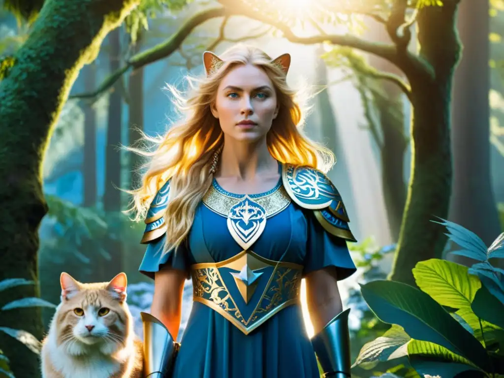 Ilustración de Freyja, diosa nórdica del amor y la guerra, en un bosque místico con sus felinos, reflejando la mitología de Freyja en vikingos