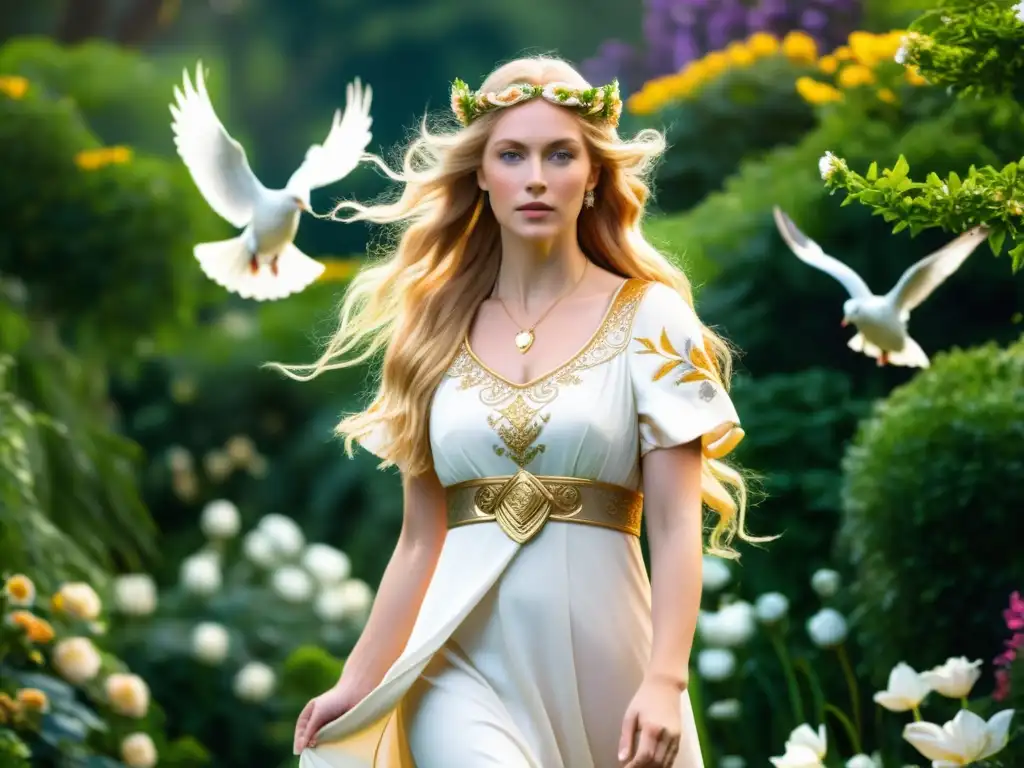 Freyja, diosa nórdica del amor, en un jardín místico rodeada de flores y verdor