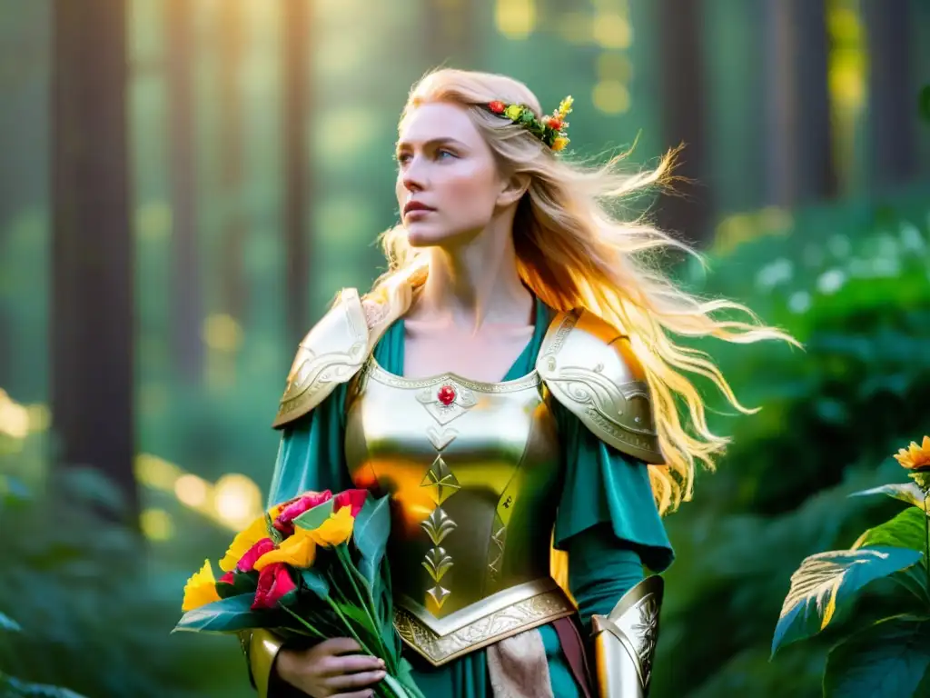 Freyja, diosa nórdica, con armadura y espada en un bosque místico lleno de criaturas míticas