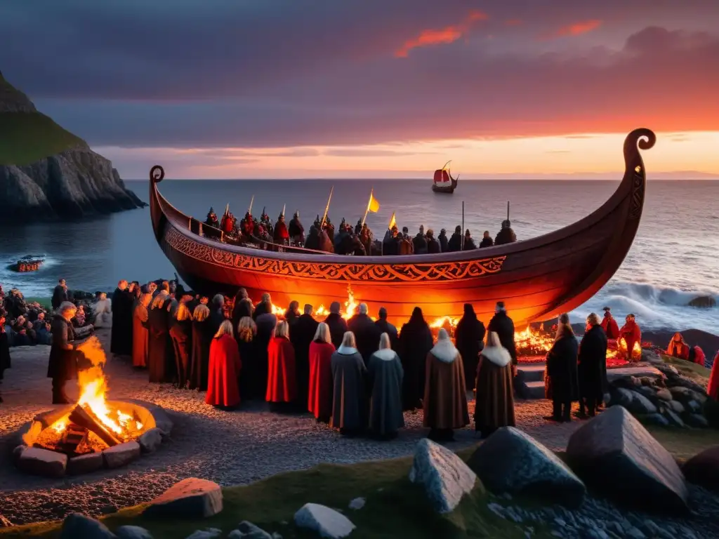 Un funeral vikingo al atardecer en la orilla rocosa