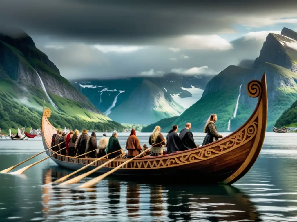 Un funeral vikingo contemporáneo con Ritos funerarios vikingos inmortales en un fiordo nórdico sereno