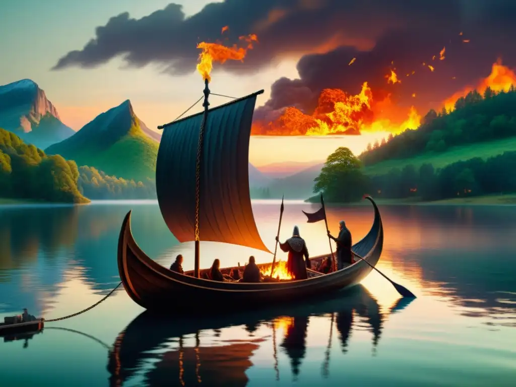 Un funeral vikingo en un lago al atardecer con un barco en llamas rodeado de bosques