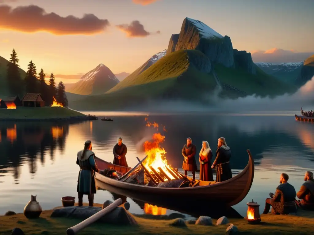 Reconstrucción funeral vikingo: un ritual ancestral a orillas de un lago sereno con una nave cargada de ofrendas y vestimenta tradicional