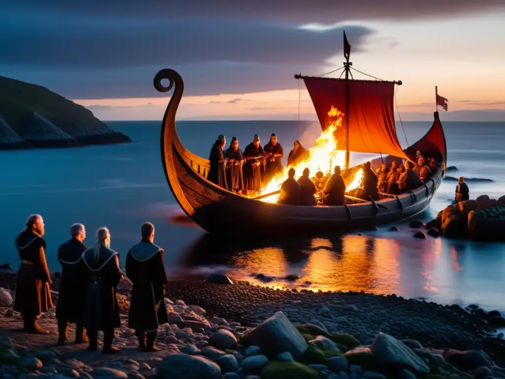 Un funeral vikingo solemne al atardecer en la costa rocosa