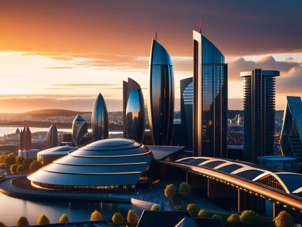 Una fusión de Cultura vikinga en el mundo moderno: atardecer en la ciudad con rascacielos futuristas y arquitectura vikinga tradicional