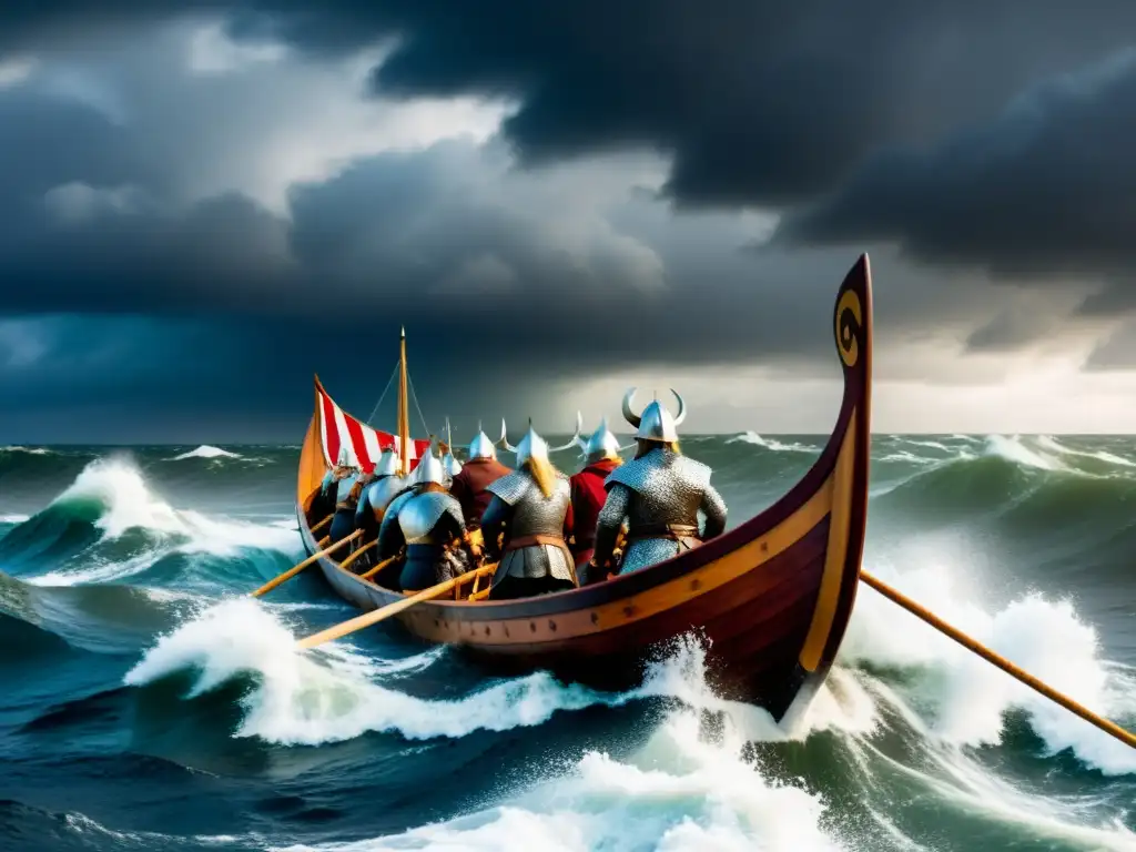 Futuras series sobre vikingos: Un drakkar vikingo navegando en aguas turbulentas con guerreros listos para la batalla