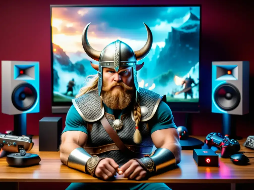 Un gamer moderno inmerso en un videojuego vikingo, con un guerrero vikingo digital cobrando vida junto a él