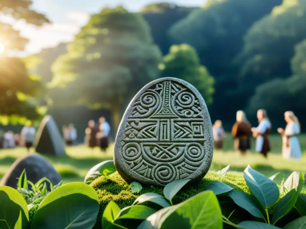 Viking rune stones con grabados de mitología nórdica, gente en ceremonia