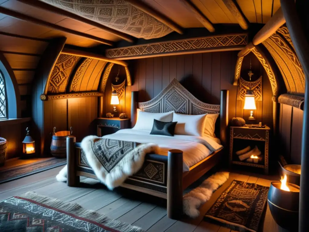 Un gran interior de casa vikinga con una lujosa cama de madera y mantas de piel, decorado con patrones nórdicos