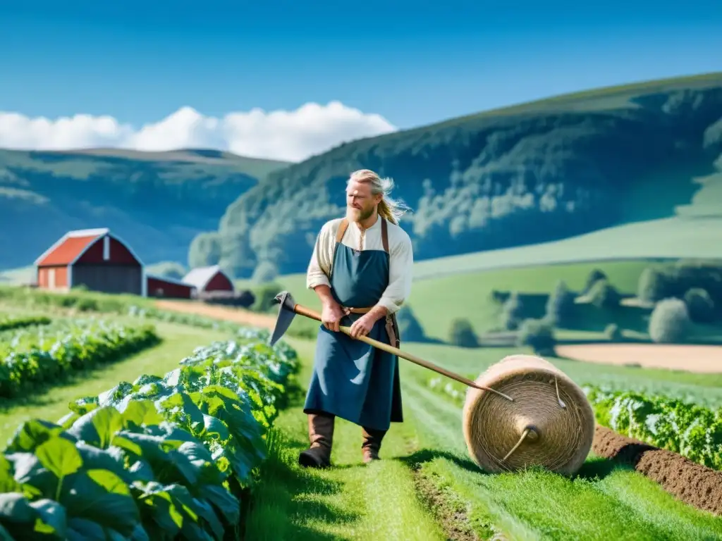 Un granjero escandinavo moderno utiliza herramientas agrícolas vikingas en un campo verde, con una casa de madera al fondo