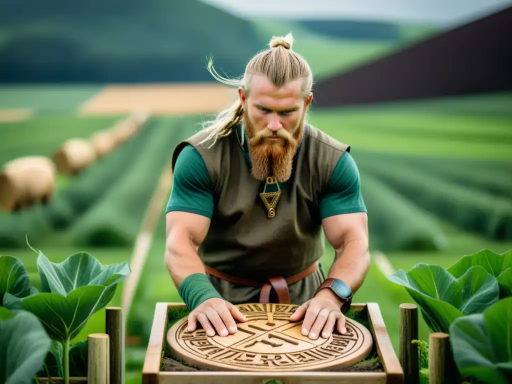 Un granjero vikingo cultiva sus tierras con runas vikingas, rodeado de naturaleza y animales