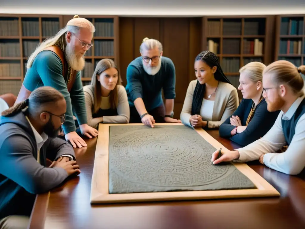 Un grupo de académicos diversos estudia runas vikingas en una mesa de madera