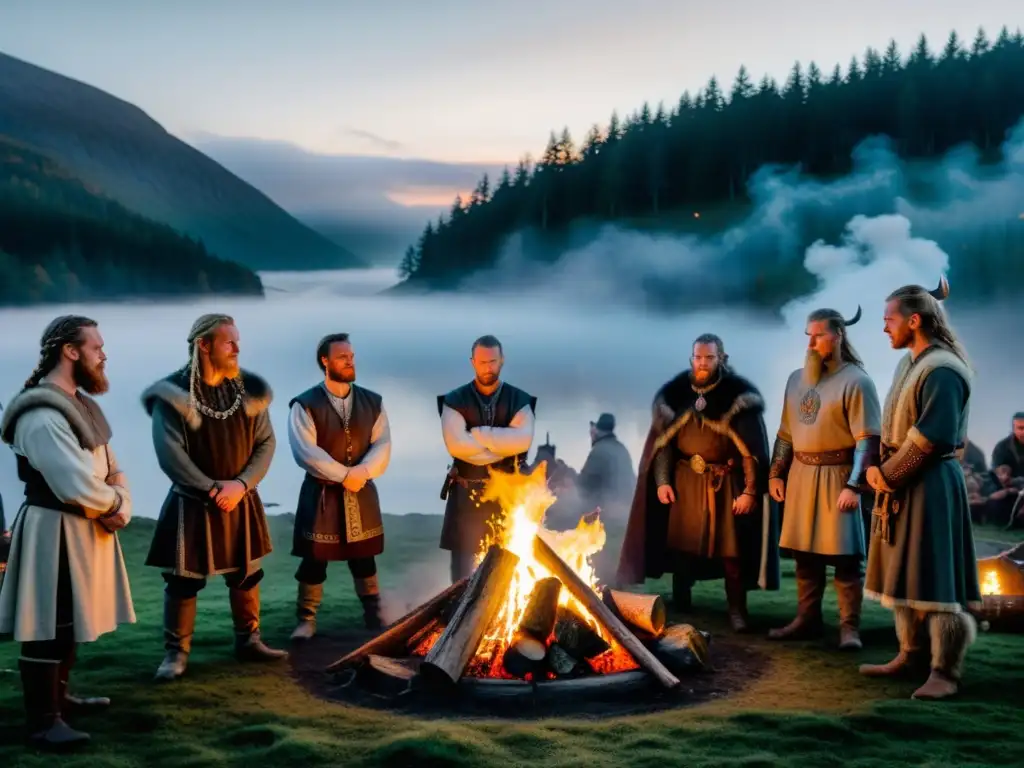 Grupo de actores en un ritual vikingo, rodeados de niebla en un bosque, con fogata y artefactos antiguos