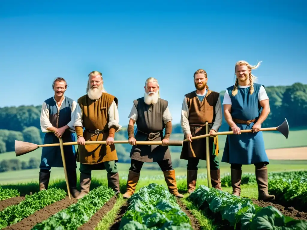 Un grupo de agricultores modernos vestidos como vikingos trabajando en un campo verde, bajo un cielo azul despejado