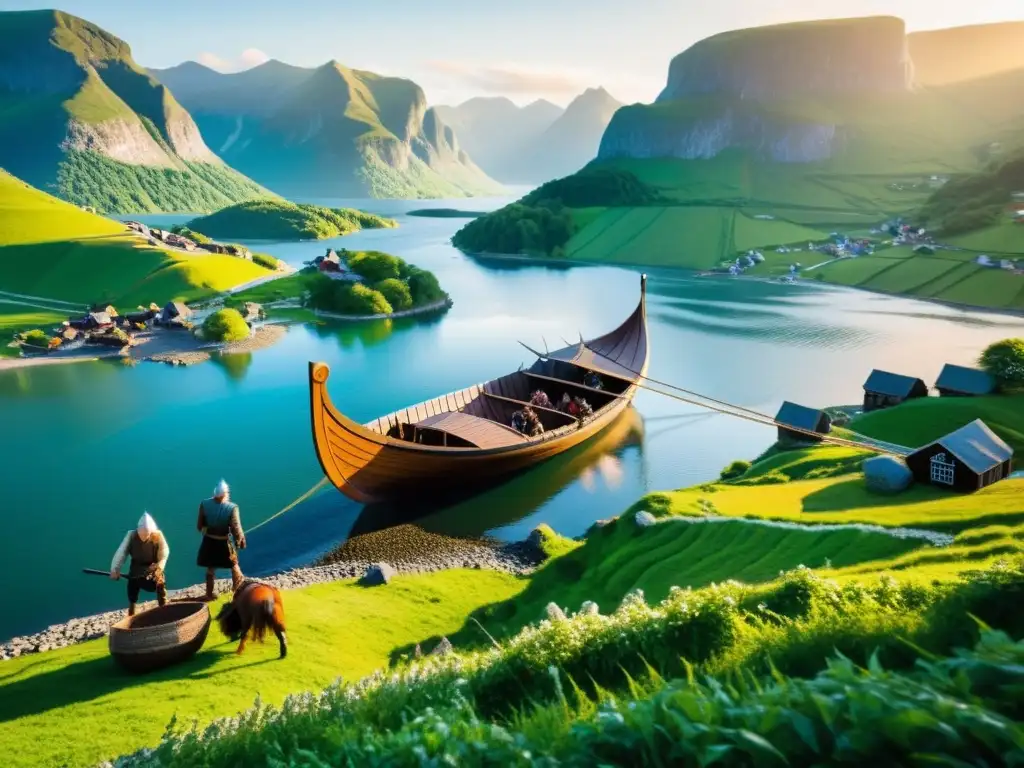 Un grupo de agricultores vikingos descargando equipamiento agrícola vikingo en un fiordo verde