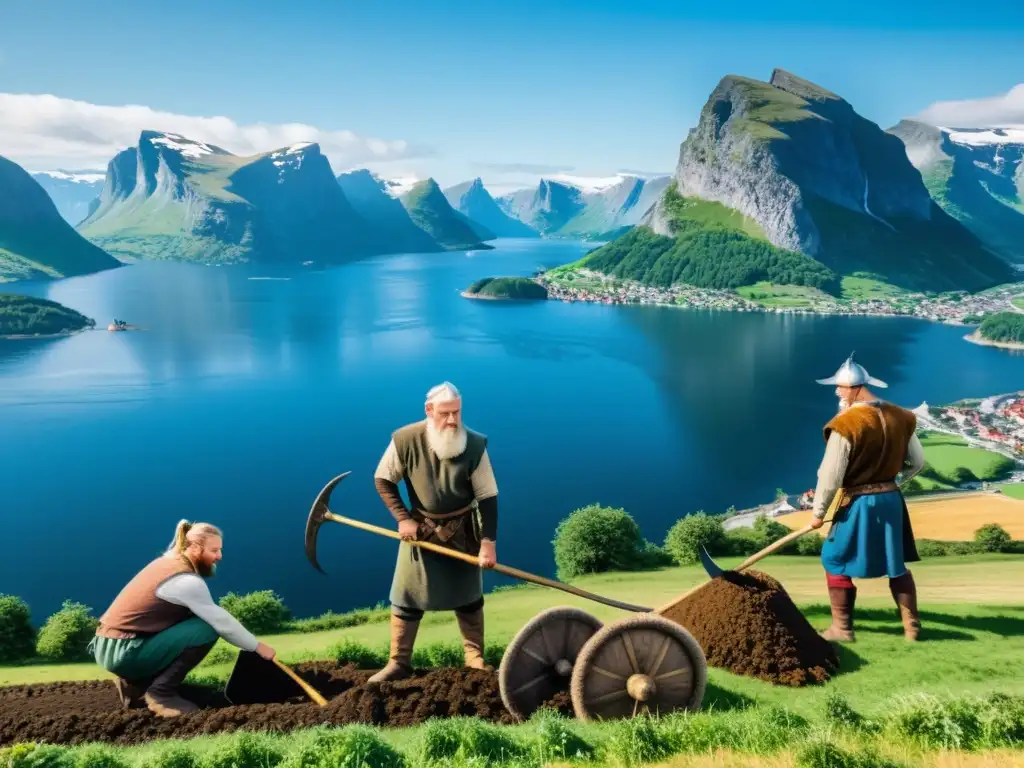 Grupo de agricultores vikingos trabajando la tierra con tecnologías agrícolas vikingas bendecidas, bajo cielo azul y fiordo al fondo