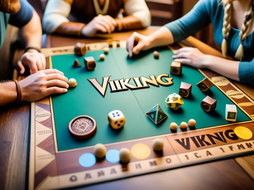 Un grupo de amigos disfruta de un juego de mesa vikingo, mostrando personajes inolvidables en intensa partida