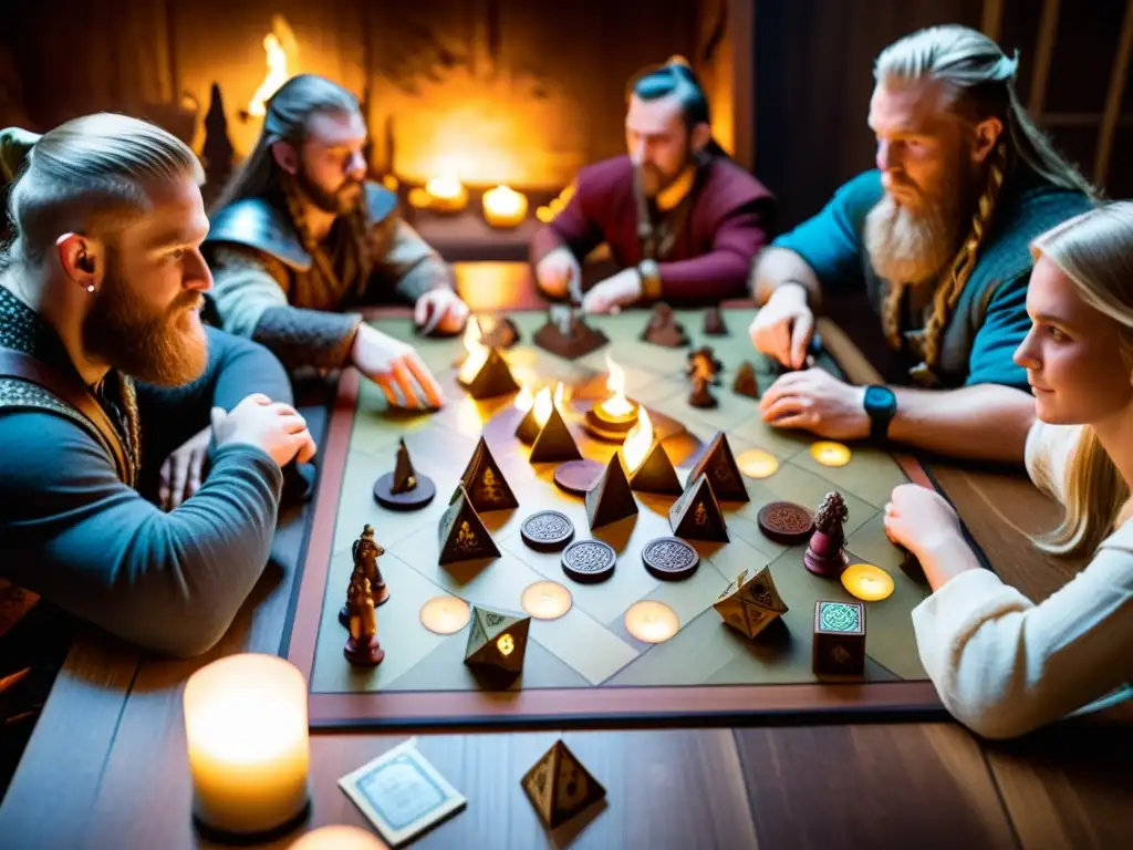 Grupo de amigos creando personajes inolvidables en juego de mesa vikingo, inmersos en el emocionante desafío estratégico