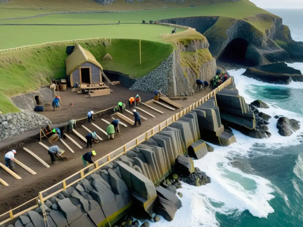 Grupo de arqueólogos excavando y preservando una casa vikinga en un acantilado costero, con olas del mar al fondo