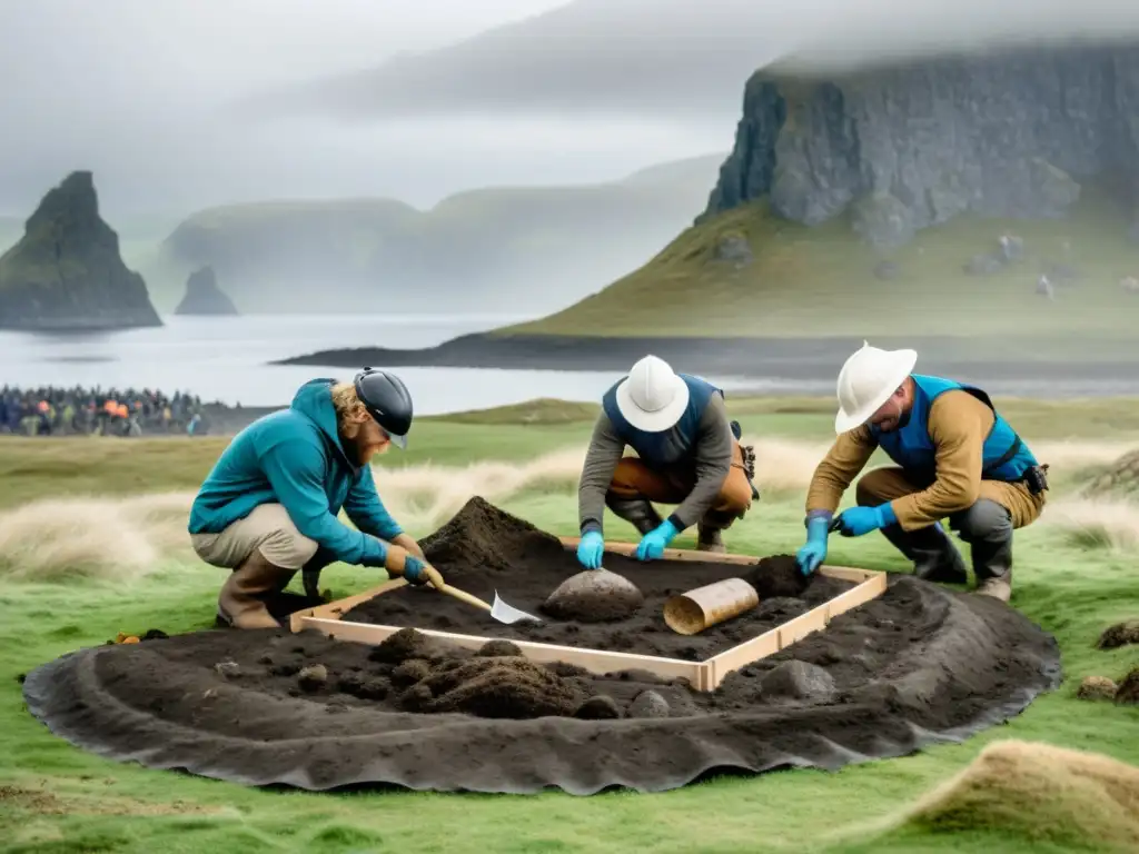 Un grupo de arqueólogos modernos excavando un sitio funerario vikingo en un paisaje nórdico neblinoso