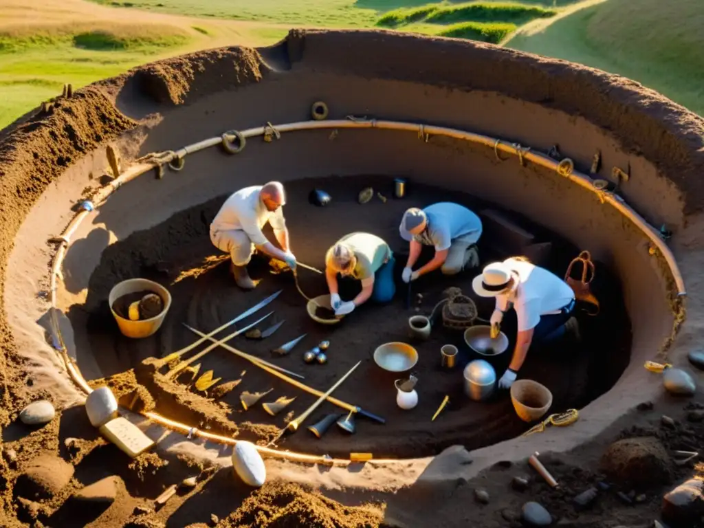 Un grupo de arqueólogos excava un sitio funerario vikingo, rodeado de armas, joyas y artefactos antiguos