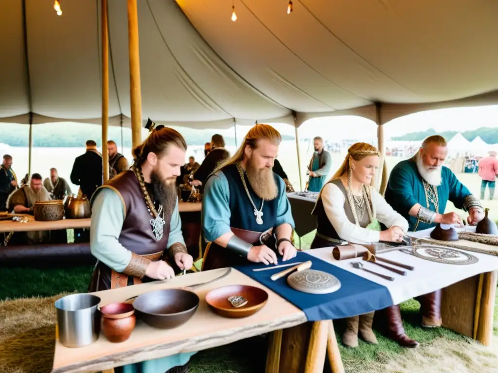 Un grupo de artesanos vestidos de vikingos creando joyas y textiles nórdicos en el Festival Vikingo de Wolin