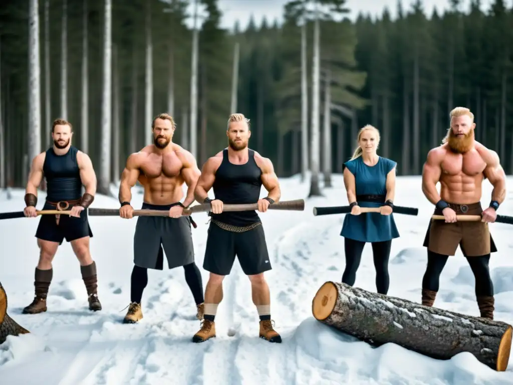 Grupo de atletas modernos entrenando con determinación en paisaje nórdico, evocando fuerza vikinga