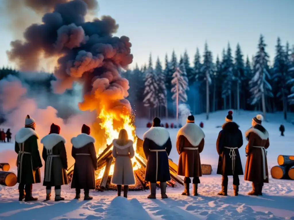 Grupo en atuendos nórdicos alrededor de fogata en bosque nevado, realizando rituales solsticio de invierno