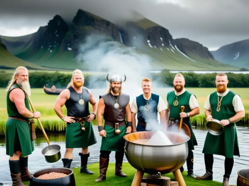 Un grupo de cerveceros modernos ataviados con atuendos vikingos elabora cerveza estilo vikingo en un paisaje verde y majestuoso