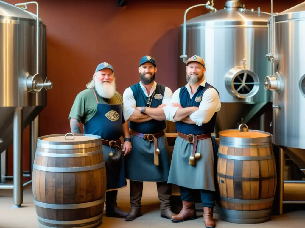 Un grupo de cerveceros modernos en atuendo vikingo, elaborando cervezas artesanales recetas vikingas en un entorno rústico