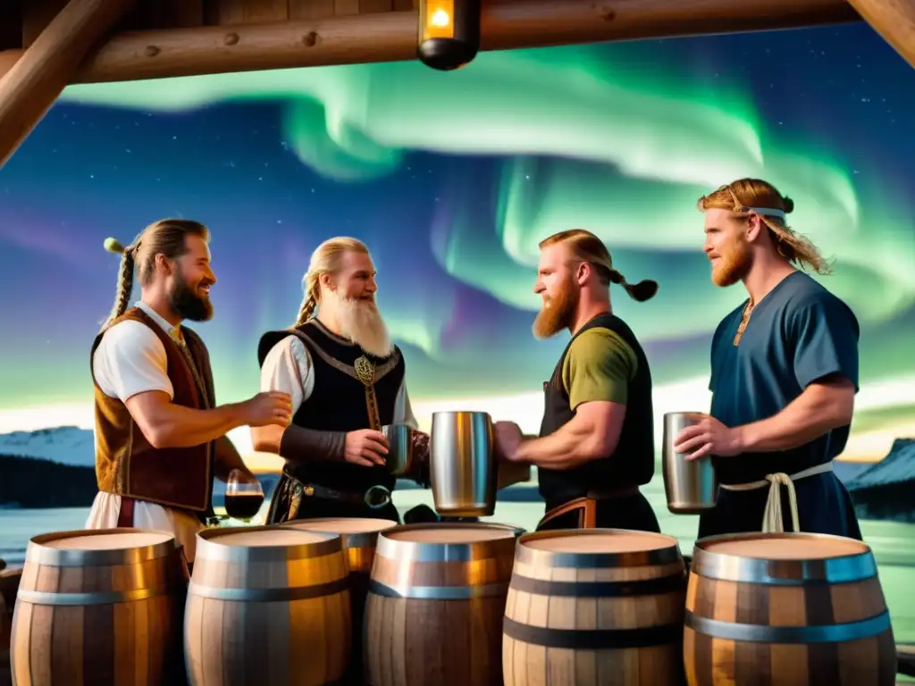 Un grupo de cerveceros modernos vestidos como vikingos elaborando cerveza artesanal vikinga en un paisaje nórdico, bajo las luces del norte