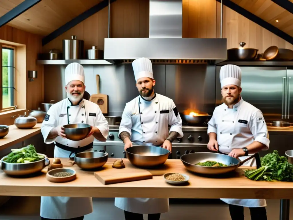 Un grupo de chefs modernos fermentando alimentos vikingos en una cocina contemporánea, fusionando técnicas antiguas con prácticas culinarias modernas