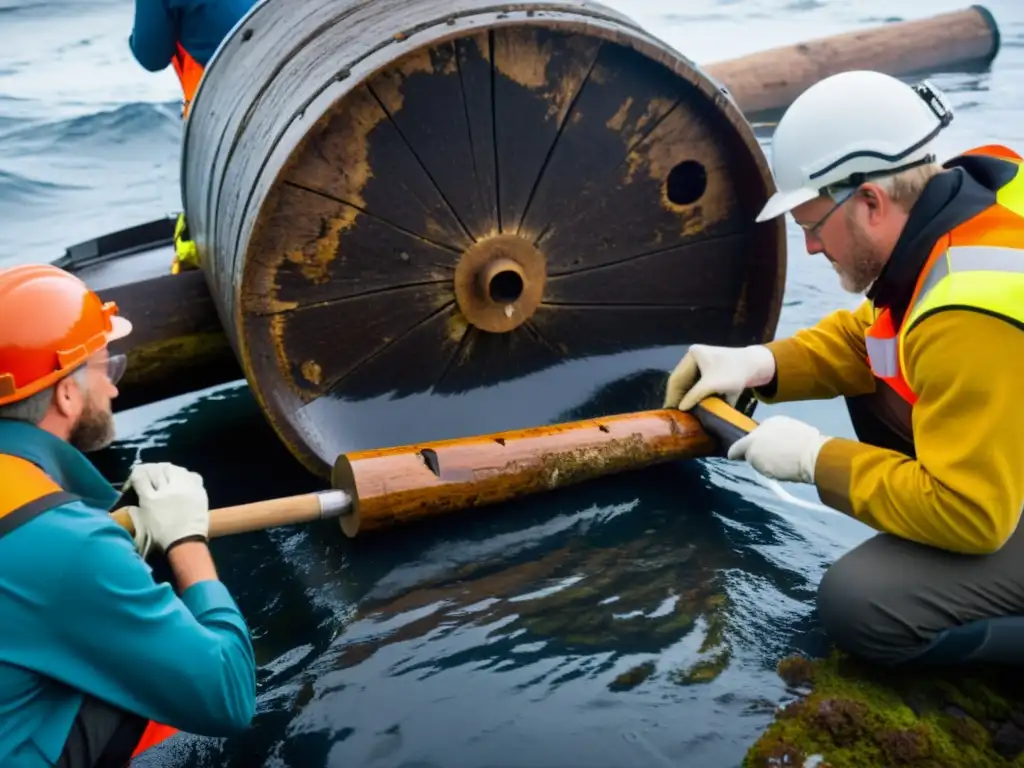 Extracción precisa de núcleo de árbol en barco vikingo Un grupo de científicos extrae con cuidado un núcleo de árbol de un barco vikingo, mostrando la meticulosa dendrocronología para fechar legado vikingo