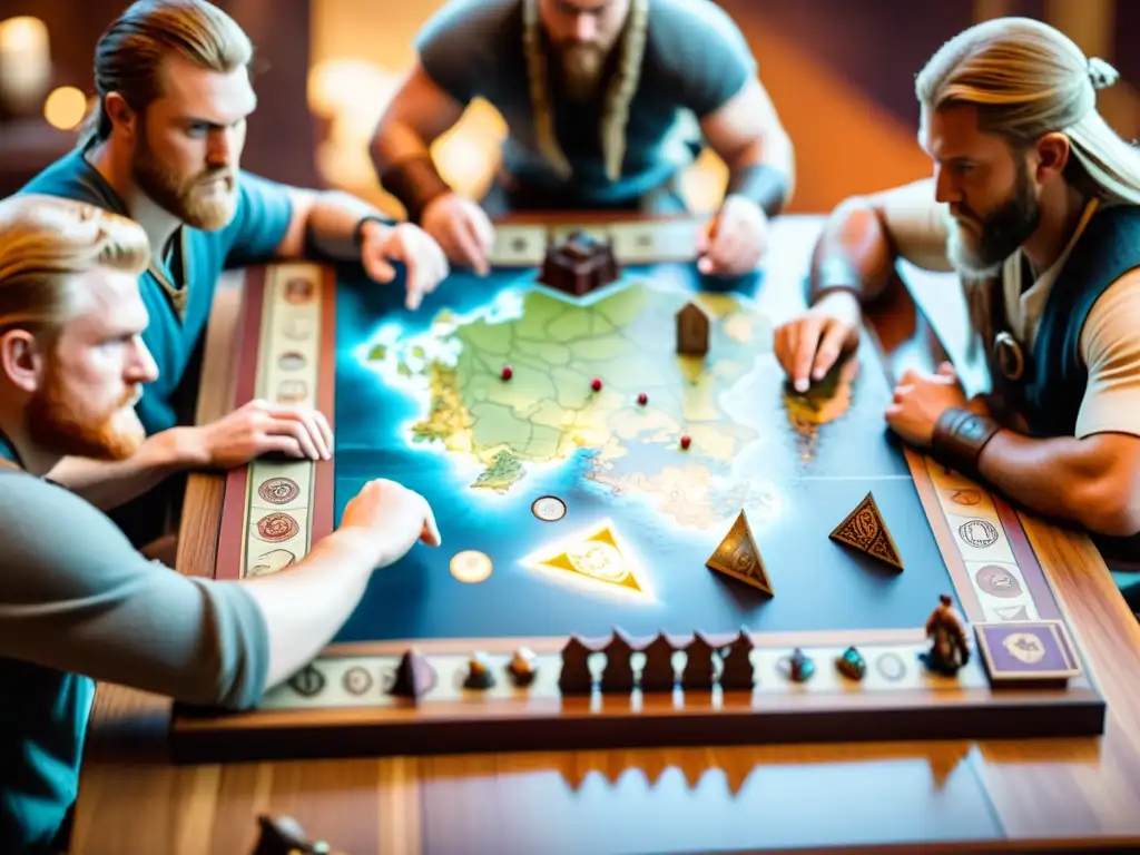 Grupo concentrado en juego de mesa vikingo estrategia con miniaturas detalladas y ambiente cálido