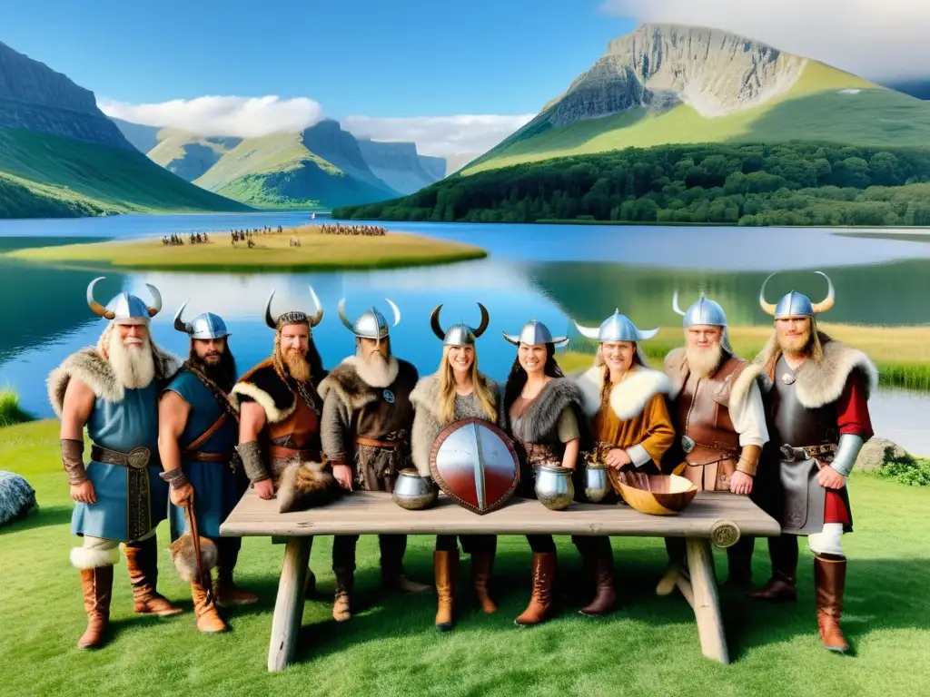 Grupo en concurso de vestuario vikingo en festival, intercambiando técnicas y conocimientos bajo el cielo azul y nubes blancas en prado verde