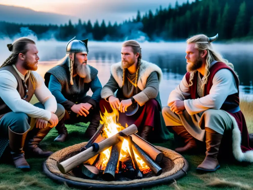 Un grupo contemporáneo de vikingos se reúne alrededor de una fogata, iluminando sus rostros en la penumbra del atardecer mientras visten atuendos nórdicos tradicionales y comparten historias